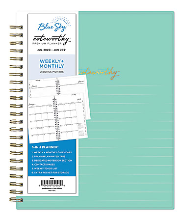 Blue Sky™ Noteworthy Weekly/Monthly Planner, 7" x 9", Aqua Signature Stripe, July 2020 To June 2021, 119005