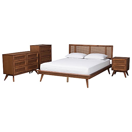 Baxton Studio Nura Mid-Century Modern Finished Wood/Rattan 4-Piece Bedroom Set, King Size, Walnut Brown