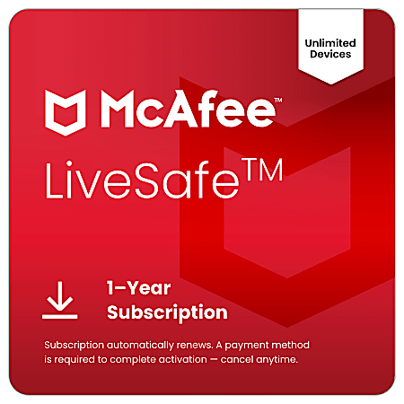 McAfee LiveSafe Antivirus & Internet Security Software, Unlimited Devices, 1-Year With Auto-Renewal, Digital Download