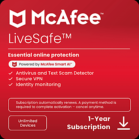 McAfee® LiveSafe Antivirus & Internet Security Software, For Unlimited Devices, 1-Year Subscription, Download, MLS41EODURAAD
