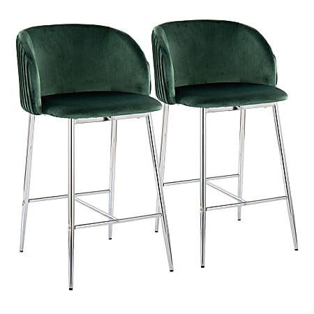 LumiSource Fran Pleated Fixed-Height Counter Stools, Green/Chrome, Set Of 2 Stools