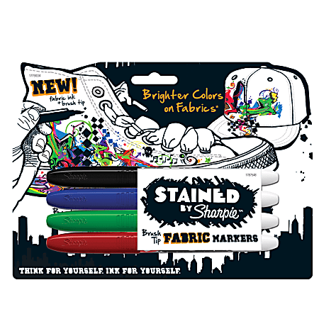Sharpie® STAINED Permanent Fabric Markers, Brush Point, Assorted, Pack Of 4