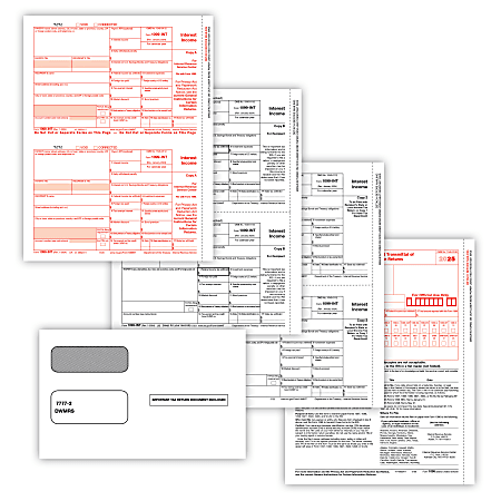 ComplyRight® 1099-INT Tax Forms Set, 4-Part, Copy A, B, State/File, State/File, 2-Up, 8-1/2" x 11", Pack Of 100 Forms and Envelopes