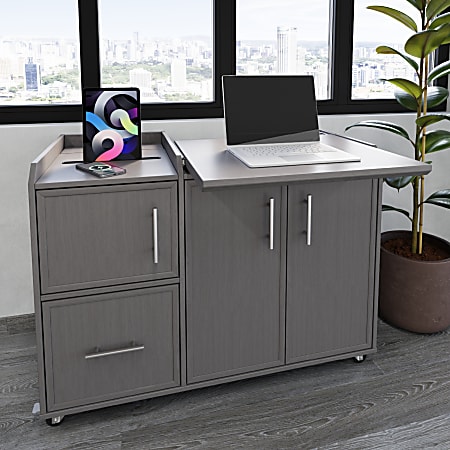 Realspace® 40”W Multifunction Mobile File Cabinet Printer Stand with Integrated Power & Charging, Gray Oak, BIFMA Compliant