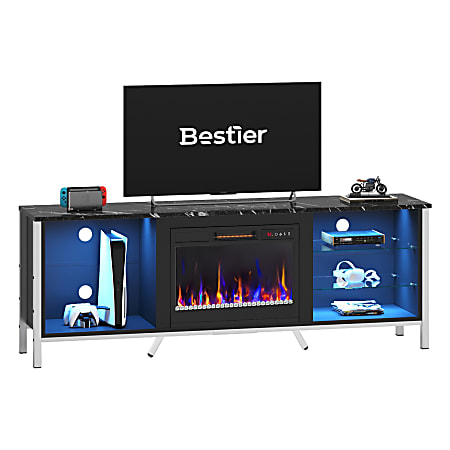 Bestier 71" Electric Fireplace TV Stand For 75" TV With Adjustable Glass Shelves, 25-1/2”H x 71”W x 15-11/16”D, Black Marble