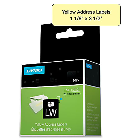 DYMO® Address Labels, DYM30255, Permanent Adhesive, 1 1/8"W x 3 1/2"L, Direct Thermal, Yellow, Paper, Roll Of 130