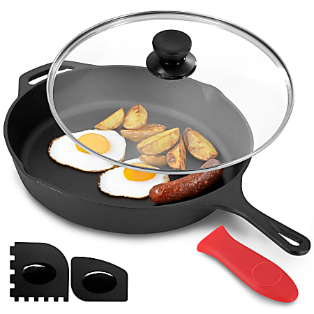 MegaChef Pre-Seasoned Cast Iron Skillet With Tempered Glass Lid, 12", Black