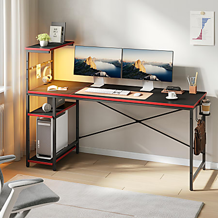 Bestier Gaming Computer Desk With RGB LED Lights And 4-Tier Storage Shelves, 61"W, Black Carbon Fiber
