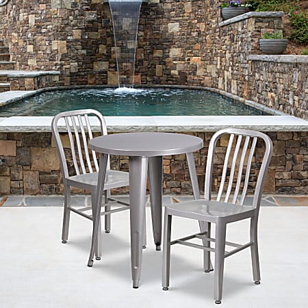 Flash Furniture Commercial-Grade Round Metal Indoor/Outdoor Table Set With 2 Vertical Slat-Back Chairs, Silver
