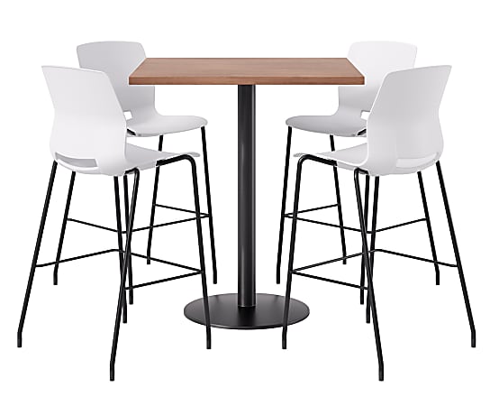 KFI Studios Proof Bistro Square Pedestal Table With Imme Bar Stools, Includes 4 Stools, 43-1/2”H x 42”W x 42”D, River Cherry Top/Black Base/White Chairs