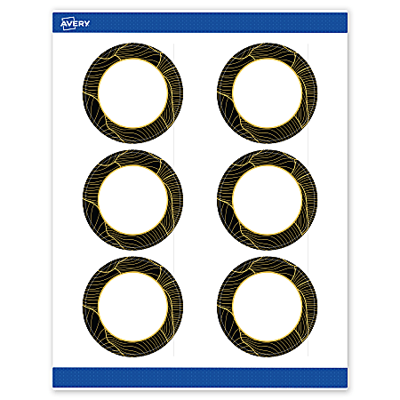 Avery® Printable Labels With Sure Feed® Technology, S00-ETM, Round, 3", Matte White With Preprinted Black/Gold Vein Border, Pack Of 60