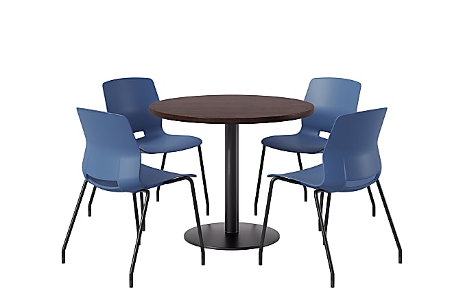 KFI Studios Midtown Pedestal Round Standard Height Table Set With Imme Armless Chairs, 31-3/4”H x 22”W x 19-3/4”D, Cafelle Top/Black Base/Navy Chairs