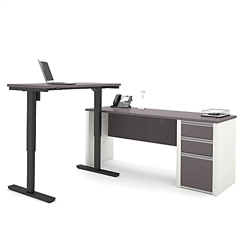 Bestar Connexion 72"W L-Shaped Standing Corner Desk With Pedestal, Slate/Sandstone