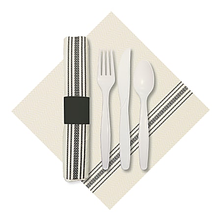 CaterWrap Pre-Rolled Cutlery, FashnPoint Dishtowel Napkin, Black/White, Case Of 100 Rolls