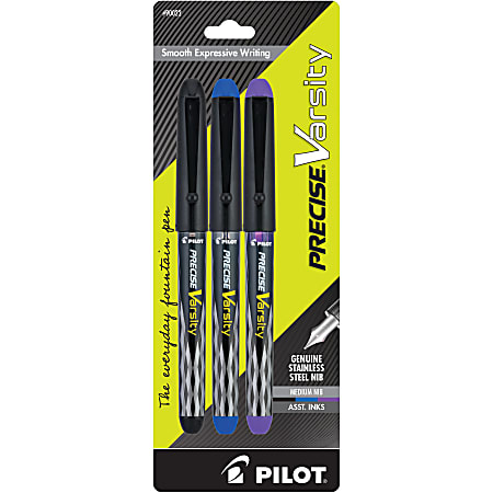 Pilot Precise Varsity Fountain Pens, Medium Nib, Black Barrel, Assorted Inks, Pack of 3 pens