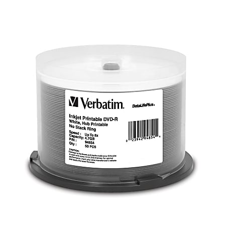 Verbatim DVD-R 4.7GB 8X DataLifePlus White Inkjet Printable, Hub Printable - 50pk Spindle - 4.7GB - 50pk Spindle
