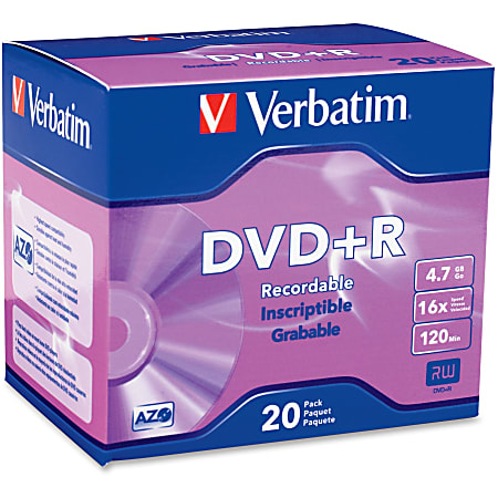Verbatim AZO DVD+R 4.7GB 16X with Branded Surface - 20pk Slim Case - 2 Hour Maximum Recording Time