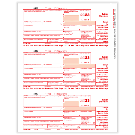 ComplyRight® 1098-T Tax Forms, 3-Up, Federal Copy A, Laser, 8-1/2" x 11", White, Pack Of 150 Forms