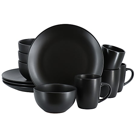 Gibson Home Everyday Plus 12-Piece Round Stoneware Dinnerware Set, Black