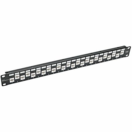 Eaton Tripp Lite Series 24-Port 1U Rack-Mount Cat6a/Cat6/Cat5e Offset Feed-Through Patch Panel with Cable Management Bar, RJ45 Ethernet, TAA