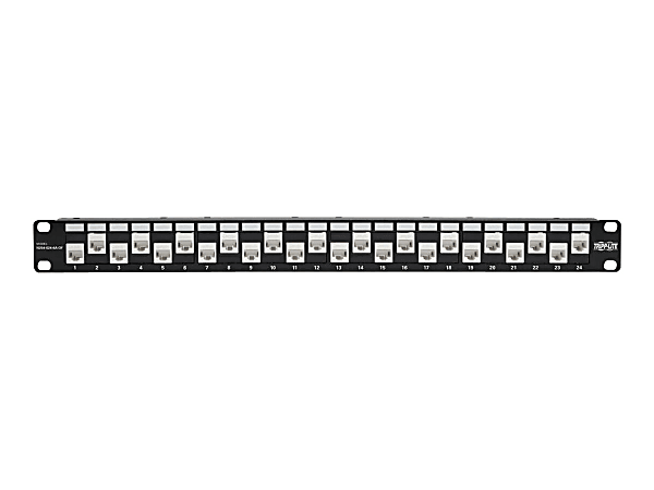 Tripp Lite 24-Port 1U Rack-Mount Cat6a/Cat6/Cat5e Offset Feed-Through Patch Panel with Cable Management Bar, RJ45 Ethernet, TAA - Patch panel - RJ-45 X 24 - 1U - 19" - TAA Compliant