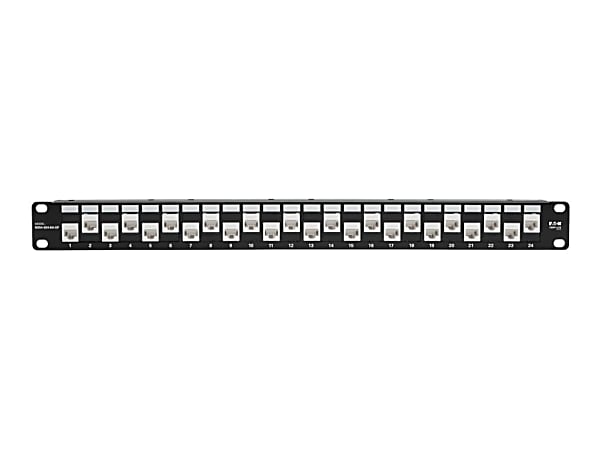 Eaton Tripp Lite Series 24-Port 1U Rack-Mount Cat6a/Cat6/Cat5e Offset Feed-Through Patch Panel with Cable Management Bar, RJ45 Ethernet, TAA - Patch panel - RJ-45 X 24 - 1U - 19" - TAA Compliant
