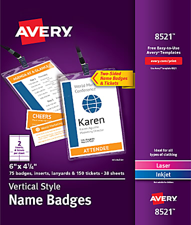 Avery® Vertical Name Badge Kit, 6" x 4 1/4", White, Pack Of 75 Badges