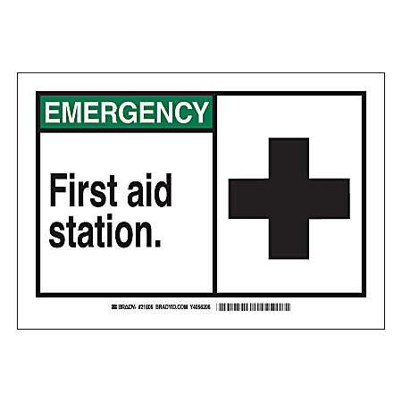 Brady "EMERGENCY First Aid Station" Sign, 7" x 10", Multicolor