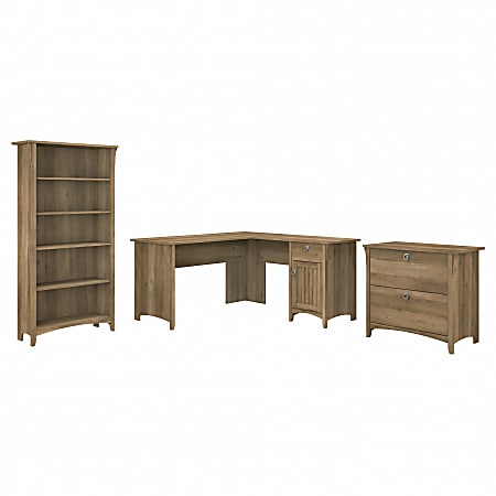 Bush Furniture Salinas 60"W L-Shaped Desk With Lateral File Cabinet And 5-Shelf Bookcase, Reclaimed Pine, Standard Delivery