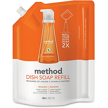 Method Dish Soap Refill - 36 fl oz (1.1 quart) - Clementine Scent - 6 / Carton - Pleasant Scent, Triclosan-free, No-mess - Orange