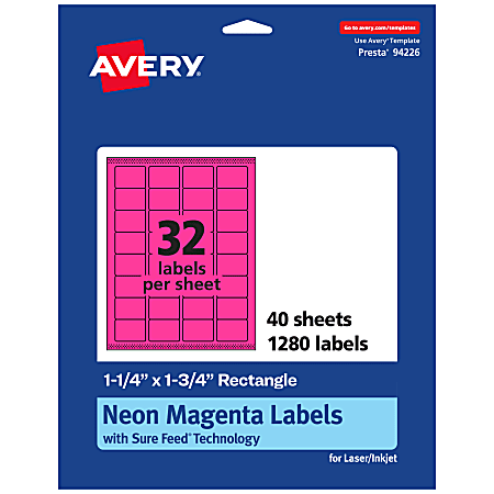 Avery® Printable Labels With Sure Feed® Technology, 94226-NMP40, Rectangle, 1-1/4" x 1-3/4", Matte Neon Magenta, Pack of 1280