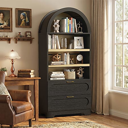 Bestier 71" Arched Wood Bookcase with 2 Storage Drawers and 3 Adjustable Shelves, Black