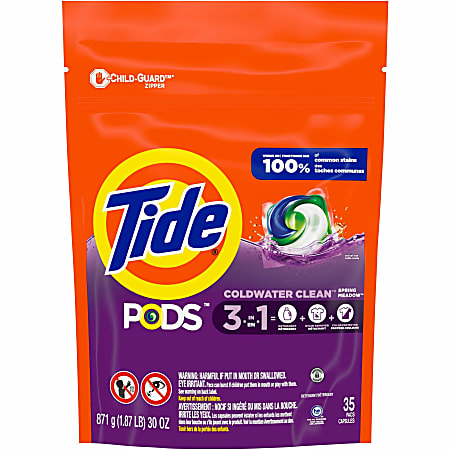 Tide PODS 3-1 Laundry Detergent - Spring Meadow Scent - Spill Resistant - White, Orchid - 35/Bag - 4 / Carton