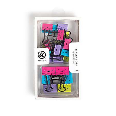 U Brands&reg; Binder Clip Set, Assorted Sizes, Smiley Face, Set Of 24 Clips