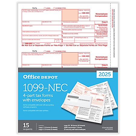 Office Depot® 1099-NEC Laser Tax Forms And Envelopes, 4-Part, 3-Up, 8-1/2" x 11", Pack Of 15 Form Sets