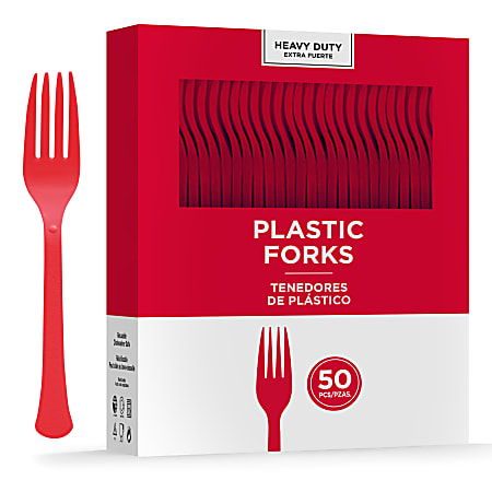 Amscan 8017 Solid Heavyweight Plastic Forks, Apple Red, 50 Forks Per Pack, Case Of 3 Packs