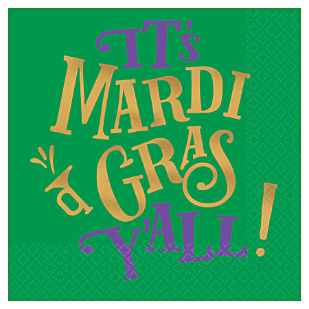 Amscan Mardi Gras Y'all Beverage Napkins, 5" x 5", Green, 16 Napkins Per Pack, Set Of 4 Packs