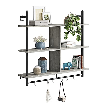 Bestier 37"H Floating Pipe Kitchen Shelves With 3-Tier Wall-Mounted Shelf & Towel Bar, Light Retro Gray Oak
