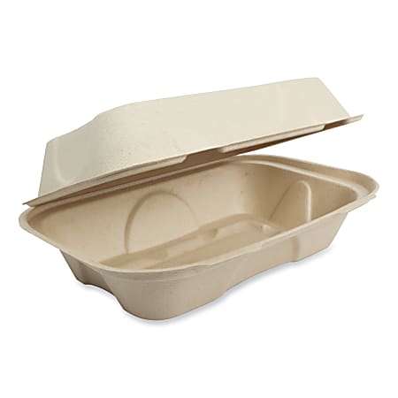 World Centric® Fiber Hinged Containers, 3-1/8”H x 9-1/4”W x 6-7/16”D, Natural, Pack Of 500 Containers
