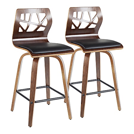 LumiSource Mid-Century Modern Folia Counter Stools, Black/Walnut, Set Of 2 Stools