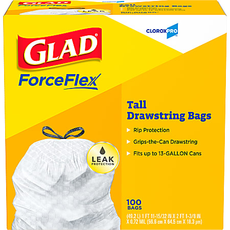 Glad® Guaranted Strong™ 0.78-mil Tall Kitchen Trash Bags, 13 Gallons, 24" x 48", White, Box Of 100