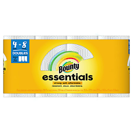 Bounty Essentials Select-A-Size 2-Ply Paper Towels, 4 Double Rolls Total/124 Sheets Per Roll, 6" x 11", White