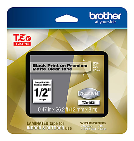 Brother TZE Premium Matte Laminated Tape, 0.47" x 26.2', Black/Clear