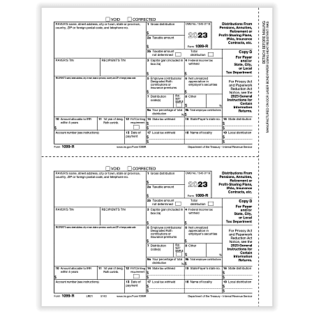 ComplyRight® 1099-R Tax Forms, 2-Up, Payer Copy D And/Or State/City/Local, Laser, 8-1/2" x 11", White, Pack Of 100 Forms