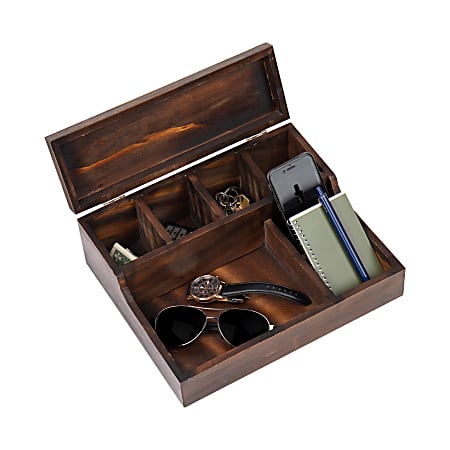 Mind Reader Bali Collection 7-Compartment Valet Tray With Hinged Lid, 4"H x 12"W x 10"D, Brown