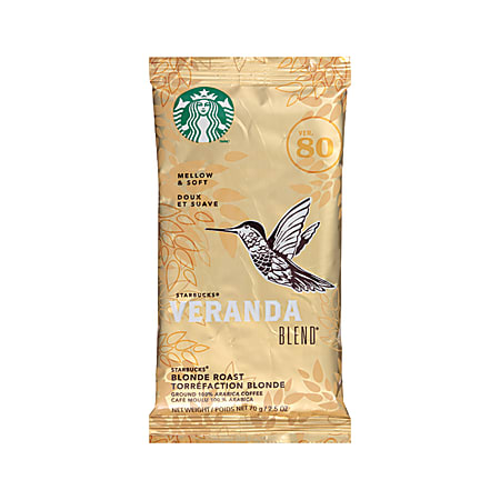 Starbucks® Veranda Ground Roast Coffee Single-Serve Packets, Premium Blonde, 2.5 Oz Per Bag, Carton Of 18