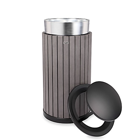Alpine Slatted Recycled Plastic Panel Round Outdoor Trash Can with Rain Bonnet Lid, 32 Gallon, 33-7/8”H x 20”W x 20D, Gray