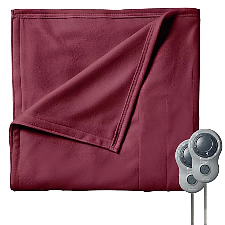 Sunbeam Queen-Size Electric Fleece Heated Blanket With Dual Zone, 90” x 84”, Garnet, 995117983M