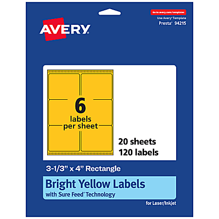 Avery® Printable Labels With Sure Feed® Technology, 94215-BYP20, Rectangle, 3-1/3" x 4", Matte Bright Yellow, Pack of 120