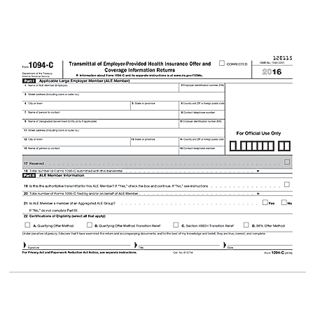 ComplyRight 1094-C Inkjet/Laser Transmittal Tax Forms, Transmittal of Employee-Provided Health Insurance Offer And Coverage Information Returns, 8 1/2" x 11", White, Pack Of 500 Forms